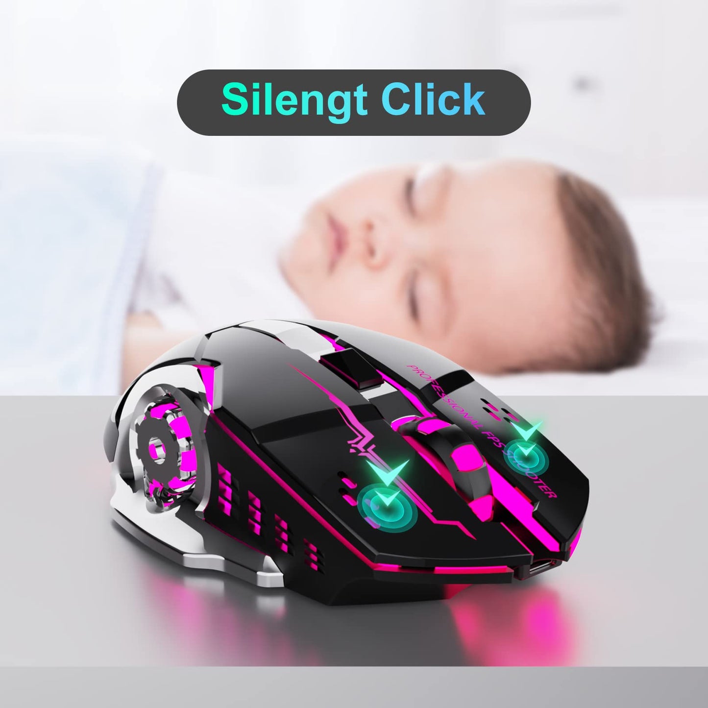 QELIROKY Wireless Gaming Mouse - 2.4G, Rechargeable, Silent Click, 6 Buttons, 3 DPI Levels, 5.43"x3.15"x1.5