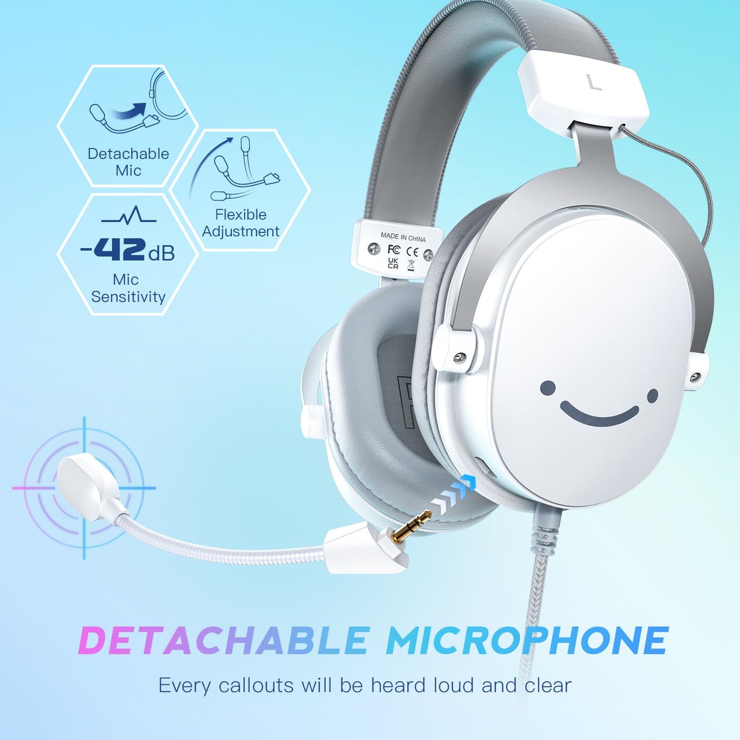 FIFINE H9W USB Gaming Headset - Over-Ear Wired, 7.1 Surround Sound, Detachable Microphone, Volume Control, White