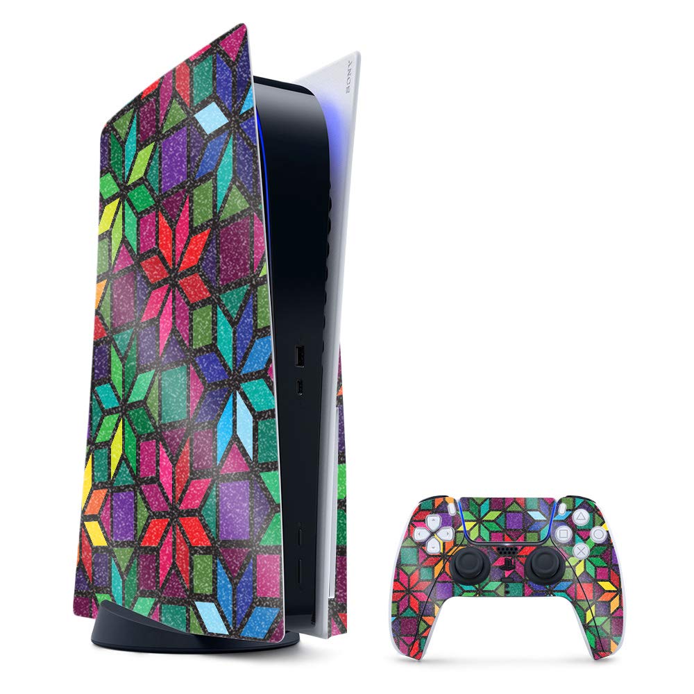 MightySkins Glossy Glitter Gaming Skin for PS5 / Playstation 5 Bundle - Stained Glass Window | Durable High-Gloss Glitter Finish | Easy to Apply and Change Style | Made in The USA