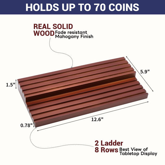 PiaoHao Solid Wood Two-Tier Challenge Coin Display Stand, Holds 50-64 Coins, Brown Wooden Army Collectible Holder