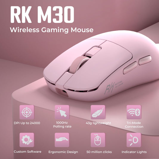 RK ROYAL KLUDGE RK M30 Wireless Gaming Mouse - 24000 DPI, Ultra-Lightweight 43g, Pink, 5 Programmable Buttons, 2.4G/Bluetooth/