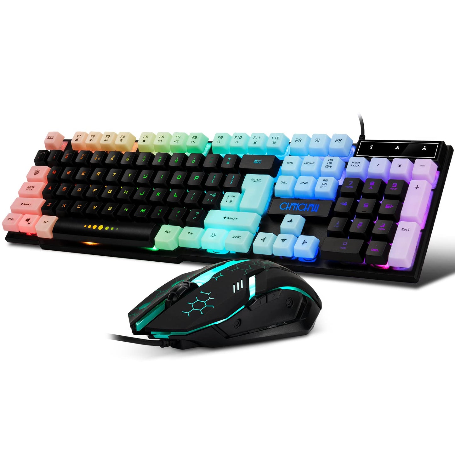 CHONCHOW Gaming Keyboard and Mouse Combo USB Wired 104-Keys Full Size Light Up Keyboard Mic 3600DPI Rainbow Backlit Mechanical Feeling Compatible with PC Xbox Mac OS Game and Work