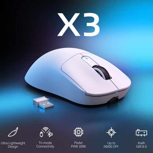 MANBASNAKE ATTACK SHARK X3 Wireless Gaming Mouse - 49g Ergonomic, 26K DPI, 200h Battery Life, White