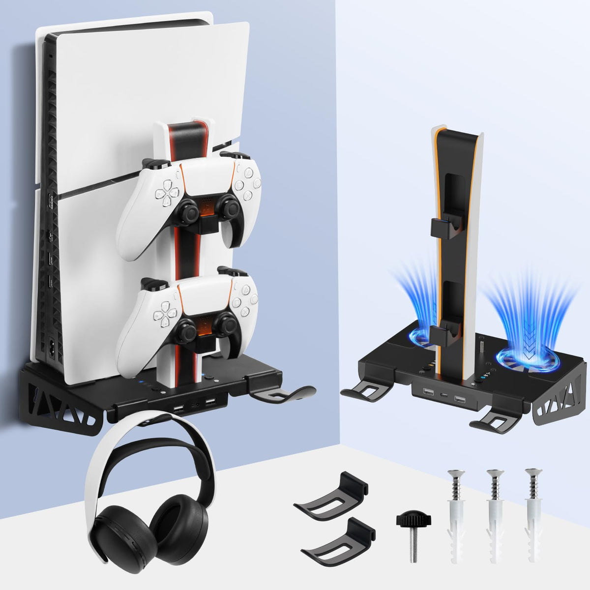 WishJazz PS5/Slim/Pro Wall Mount Kit with Cooling Fan & Charging Station, PS5 Shelf Wall Mount Accessories, Steel Wall Stand wit