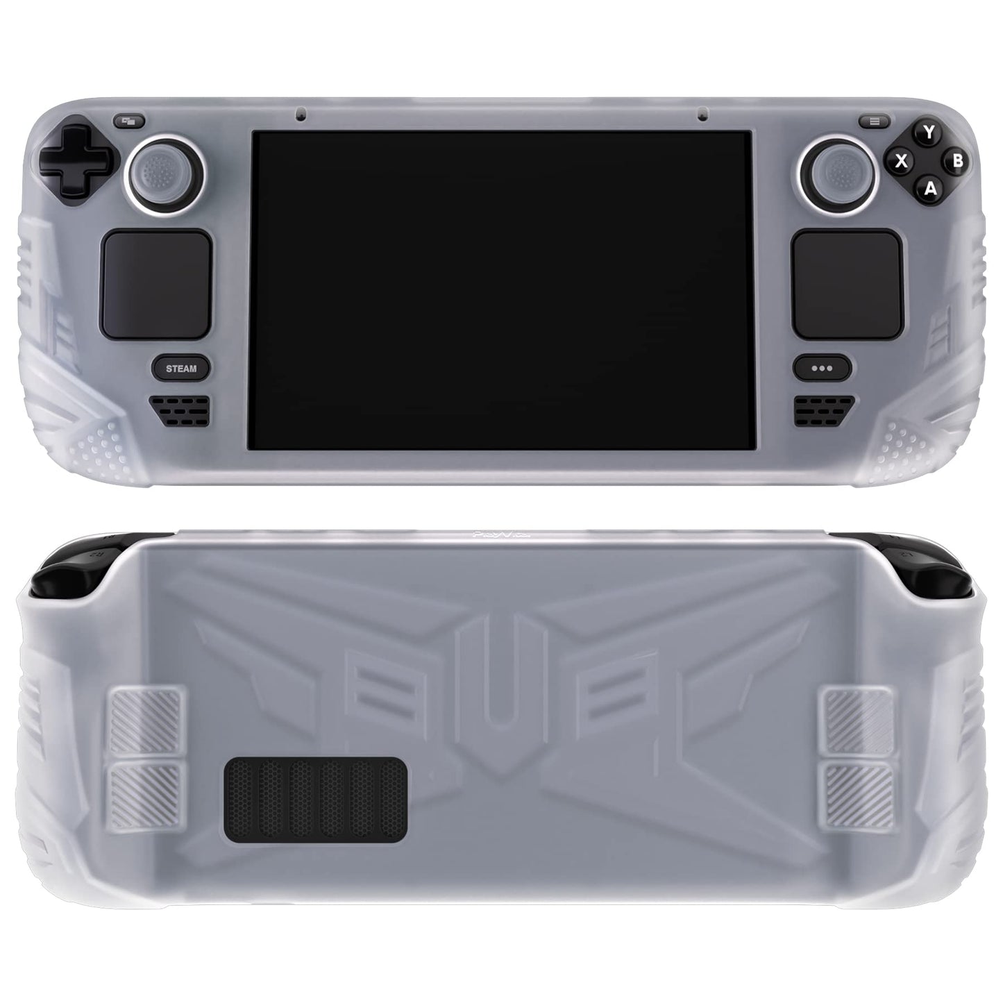 PlayVital Armor Series Ergonomic Case for Steam Deck LCD Soft Cover Protective Silicone Protector with Back Button Enhancement Designed & Thumb Grips Caps for Steam Deck - Clear White