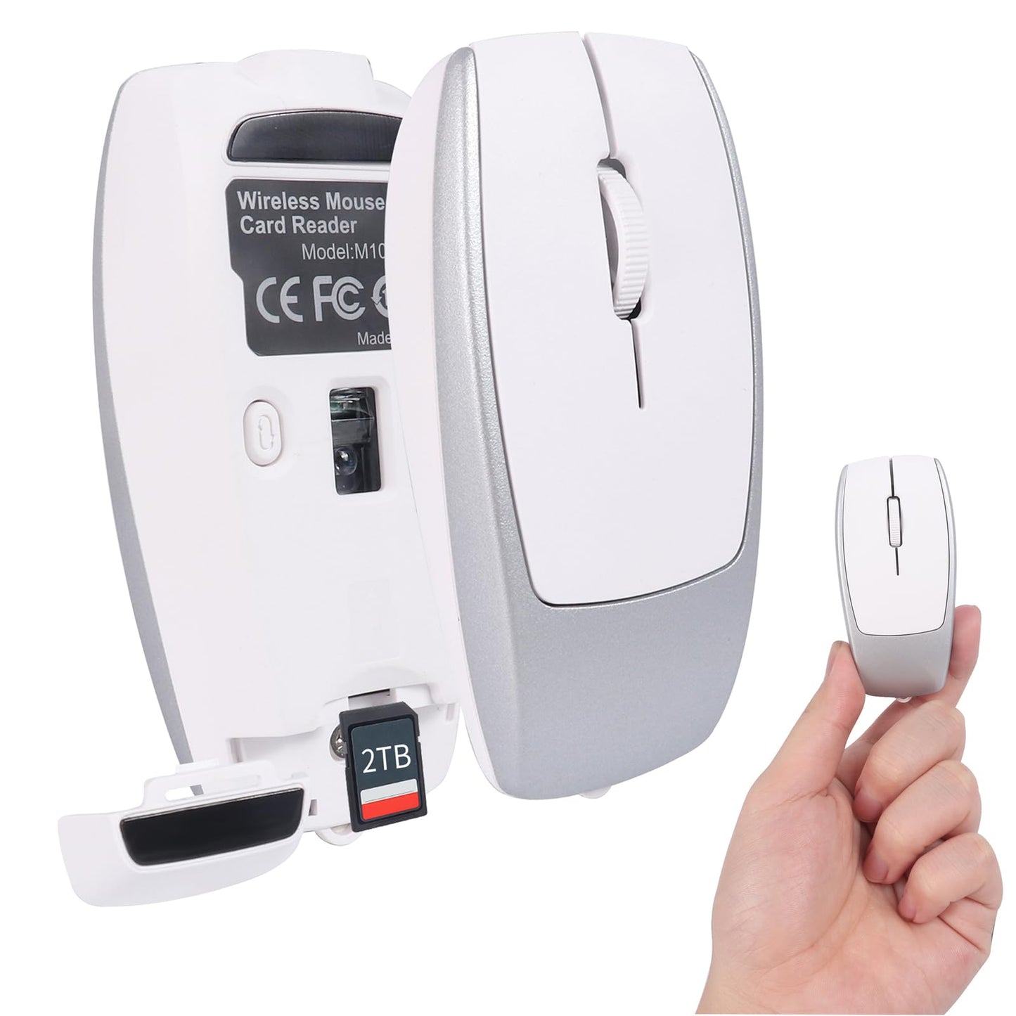 Mini Bluetooth Wireless Mouse with TF Card Reader Rechargeable Silent Click Portable for Laptop PC Travel Office & Home Use (Silver)