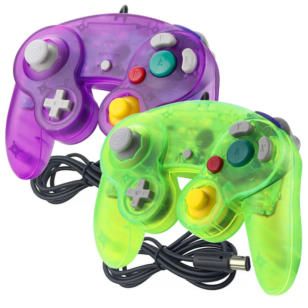 Reiso Gamecube Controller 2 Pack NGC Classic Wired Controller for Wii Game cube Console (Clear Purple and Green)