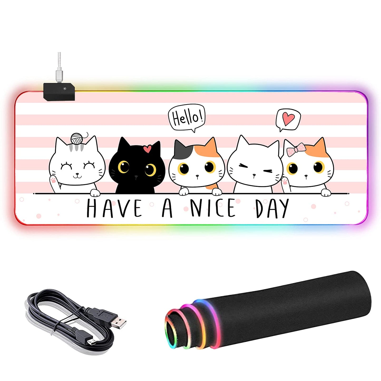 RGB Large Gaming Mouse Pad Extended Mouse Pad with 12 Lighting Effects Water Proof Mutispandex Surface Non-Slip Rubber Base 80x30 cm / 31.5?11.8 in (Cat)