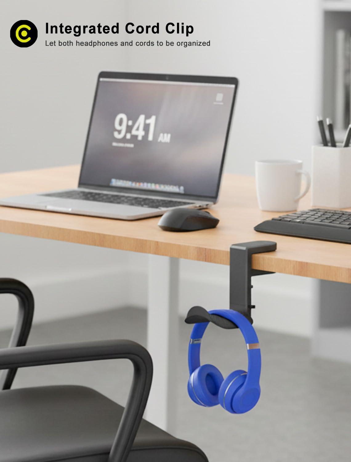 ETOWIFA Headphone Holder Hanger - 360° Rotating Arm Clamp, Under Desk Hook Mount, Cable Clip Organizer, Black, PC Gaming Accessories