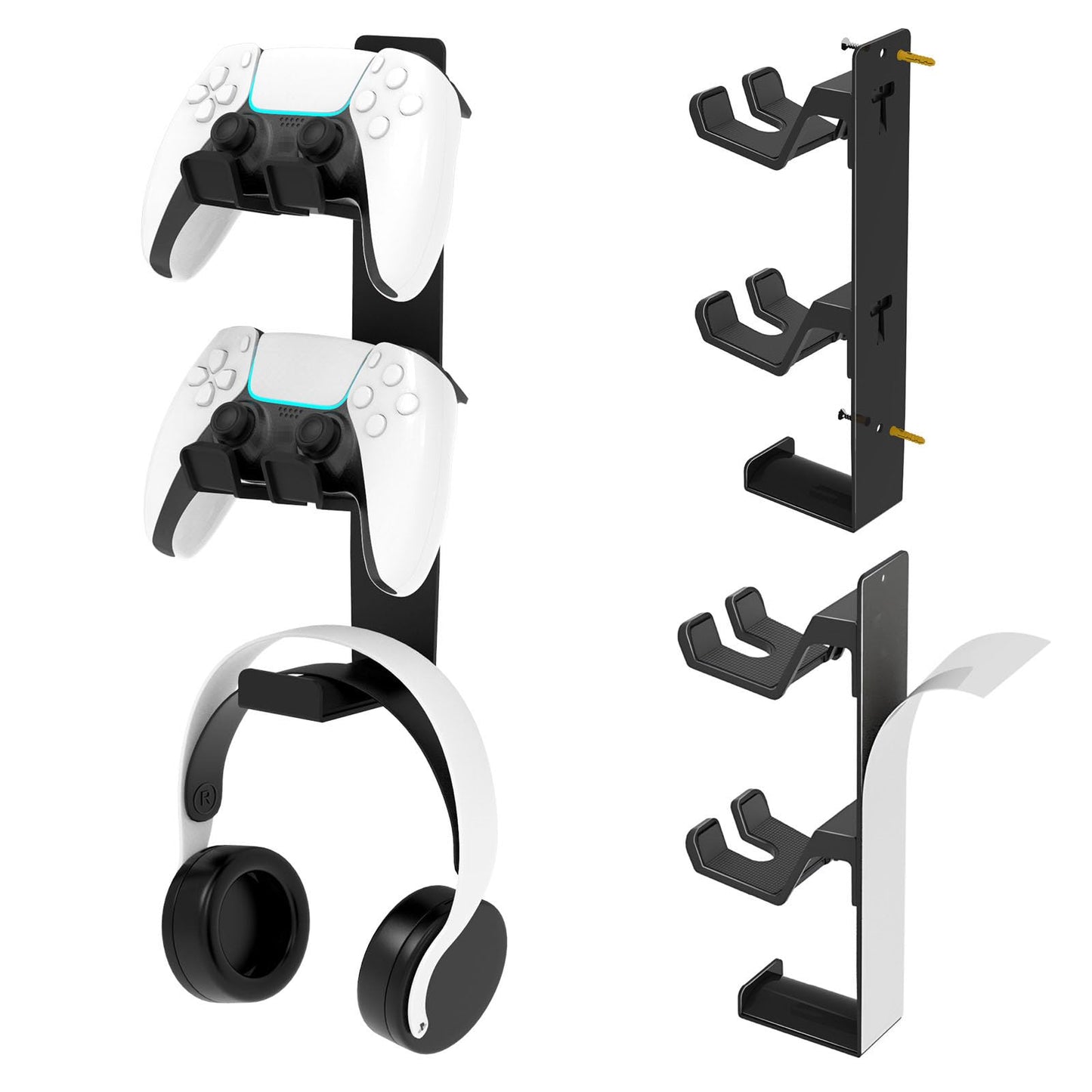ZYTHRONE Dual Controller Holder Wall Mount Metal Headset Stand for PS5 PS4 with Stable 3M Adhesive Strong Adhesive by Screws Black