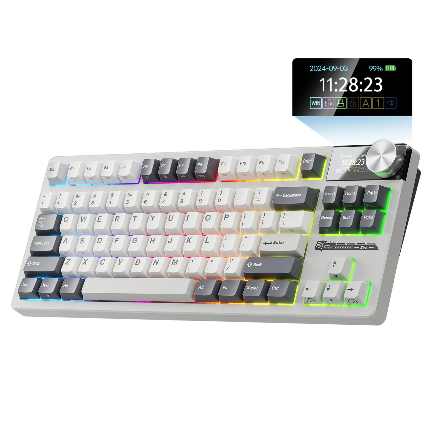 RK ROYAL KLUDGE S85 Wireless Mechanical Keyboard TKL Keyboard with Display & Ratchet Knob Triple-Mode Bluetooth/2.4GHz/USB-C Custom Linear Silent Switches 7200mAh Battery Hot Swappable 85 Keys