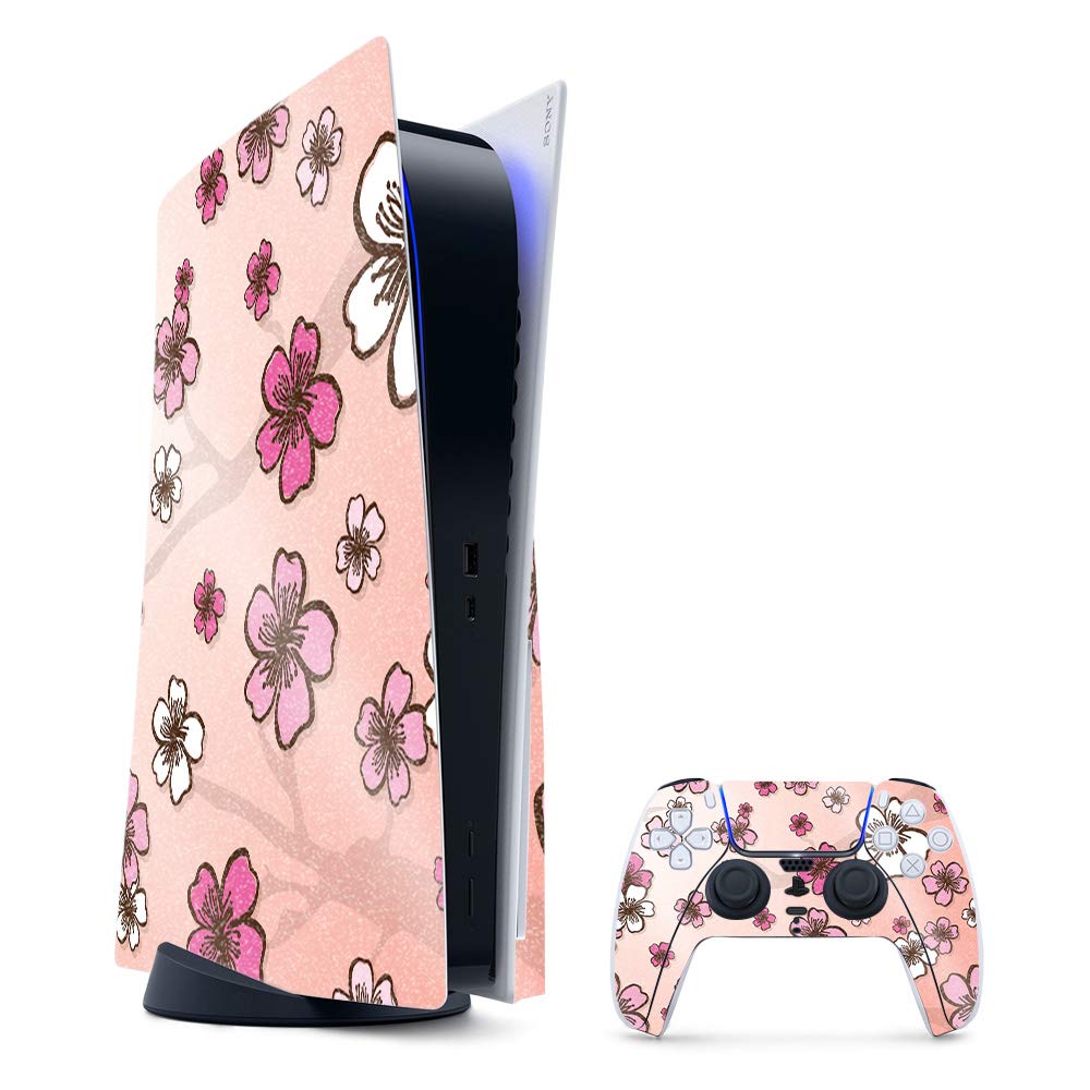 MightySkins Glossy Glitter Gaming Skin for PS5 / PlayStation 5 Bundle - Cherry Blossom | Durable High-Gloss Glitter Finish | Easy to Apply and Change Style | Made in The USA