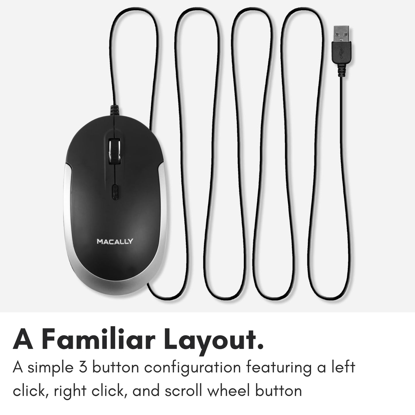 Macally Silent Wired Mouse - Slim USB Optical Mouse for Mac/PC - DPI Switch - Space Gray Trim - Model DYNAMOUSESG - Pack of 1