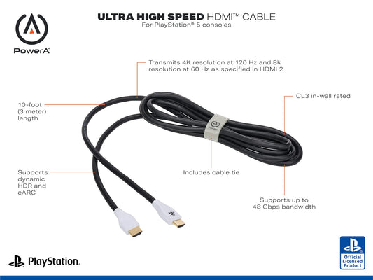 PowerA Ultra HDMI 2.1 Cable for PS5 - 3m, 4K 120Hz, 8K 60Hz, Black, Compatible with DualSense Controllers