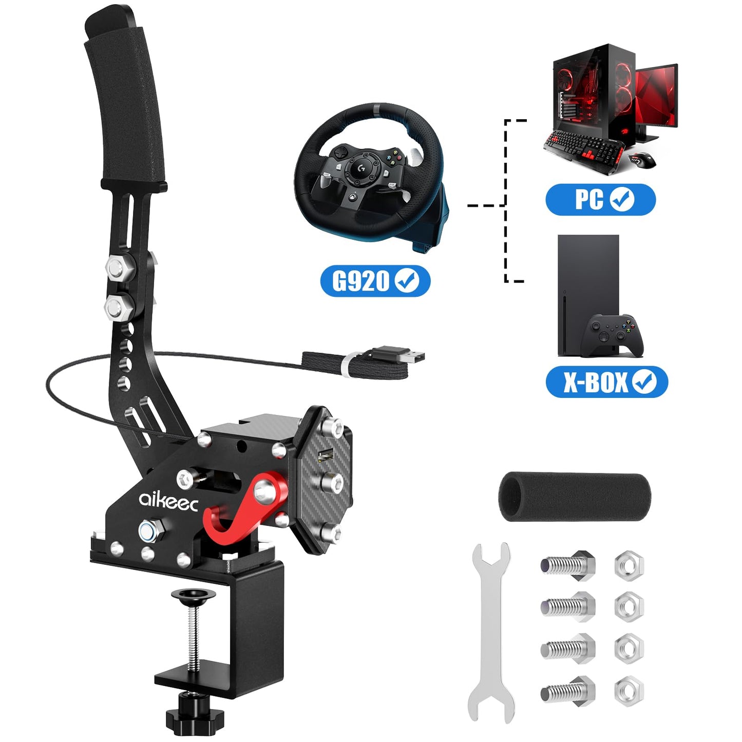 aikeec USB Handbrake Clamp for PC Sim Racing Games G25 G27 G29 T500 FANATECOSW DIRT RALLY Windows (Black XBOX)