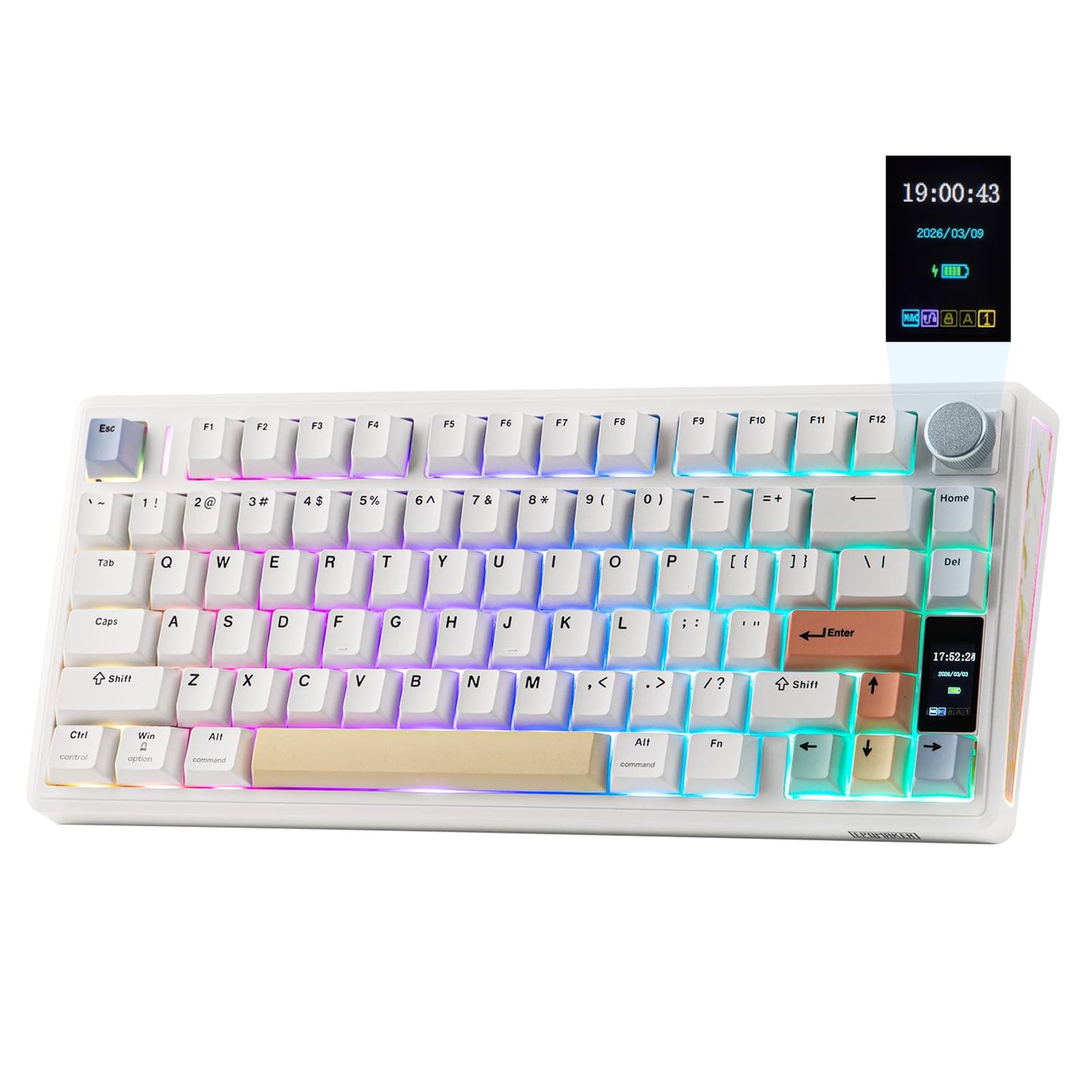 EPOMAKER TH80 V2 PRO Wireless Gaming Keyboard with Screen&Knob 10000mAh 2.4Ghz/BT/USB-C RGB Hot Swap Custom Driver NKRO PBT Keycap Mechanical Keyboard for PC/Mac (White Creamy Jade)