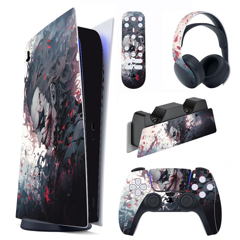 PlayVital Killing Clown Full Set Skin Decal for ps5 Console Digital Edition Sticker Vinyl Decal Cover for ps5 Controller & Charging Station & Headset & Media Remote