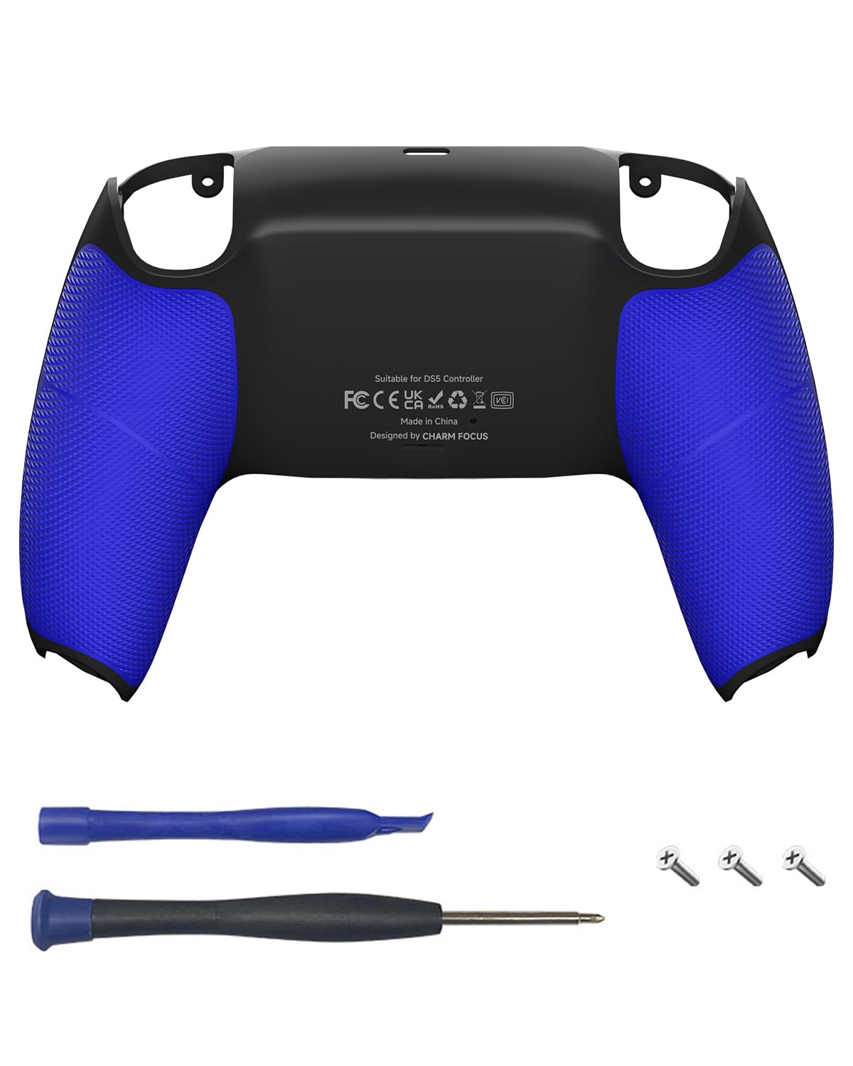 CHARM FOCUS Back Shell Grip Cover Compatible with PS5 Controller Soft Rubber Overmold and Anti-Slip Diamond Texture Seamless-Fit Replacement for PS5 Controller Shell Black/Blue