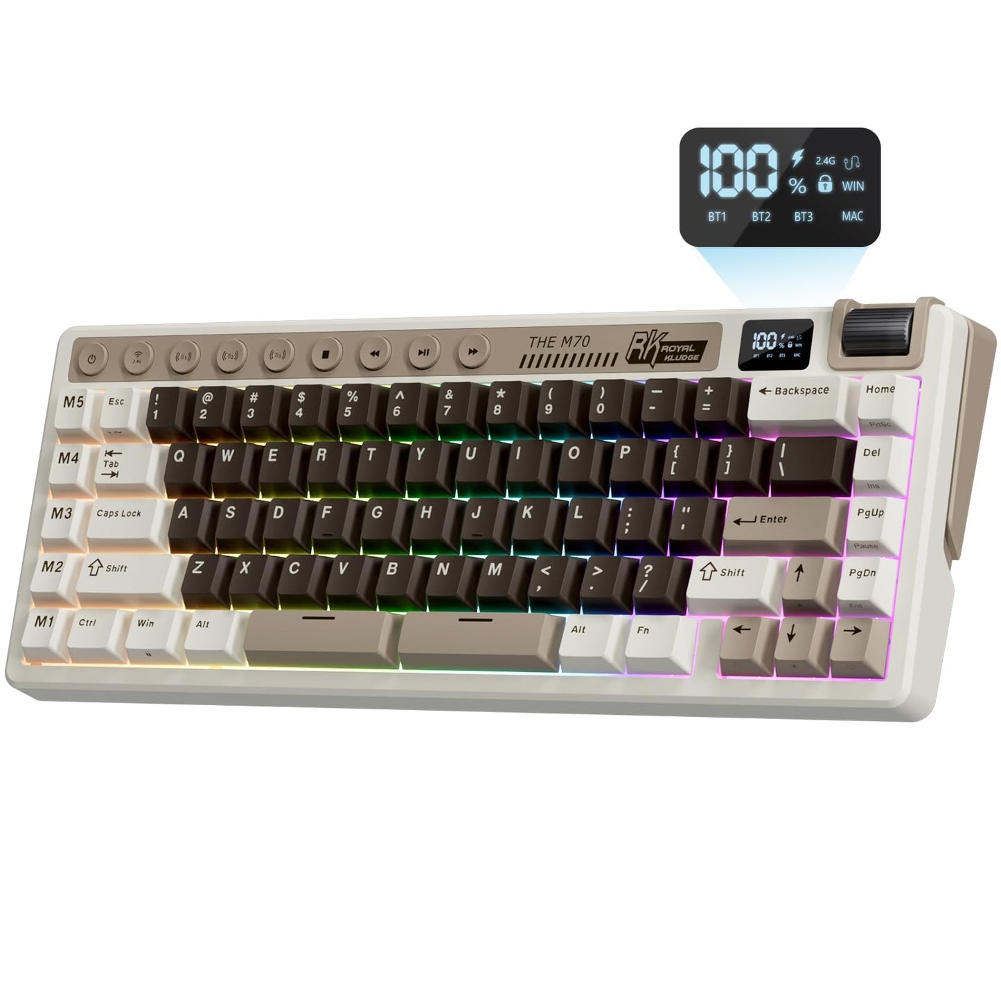 RK ROYAL KLUDGE M70 Wireless Mechanical Keyboard with Macro Keys 2.4GHz/Bluetooth/Wired 75% Gaming Keyboard with 6000mAh Battery Gasket-Mount Display & Knob RGB Hot-Swappable Linear Cream Switch