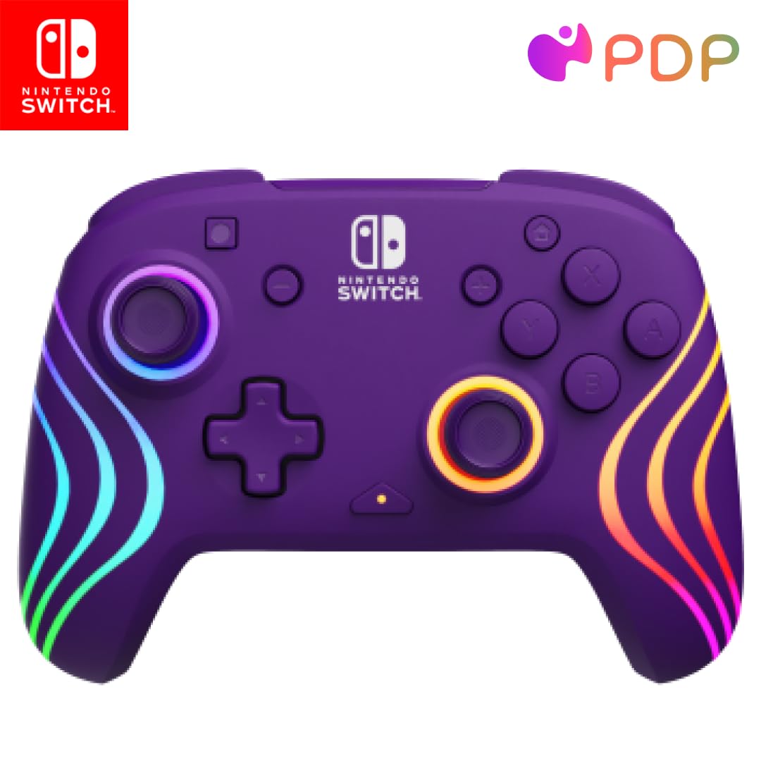 PDP Afterglow Wave Enhanced Wireless Nintendo Switch Pro Controller 8 Colors RGB LED Dual Programmable Gaming Buttons 40 Hour Rechargeable Battery Power Officially Licensed by Nintendo: Purple