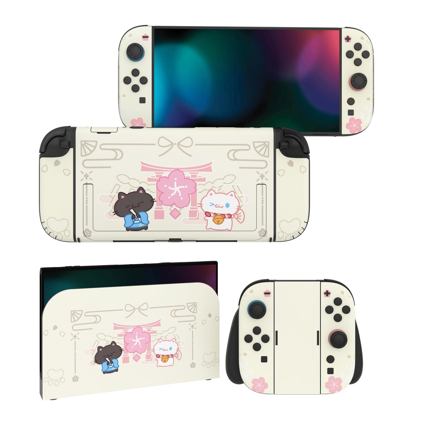 PlayVital for Nintendo Switch 2 Skin Full Set (2-Pack) - Protective Vinyl Decal Stickers for Switch 2 Console Handle Grips & Dock | No Residue Anti-Scratch - Cherry Blossoms Kitten Antique Yellow
