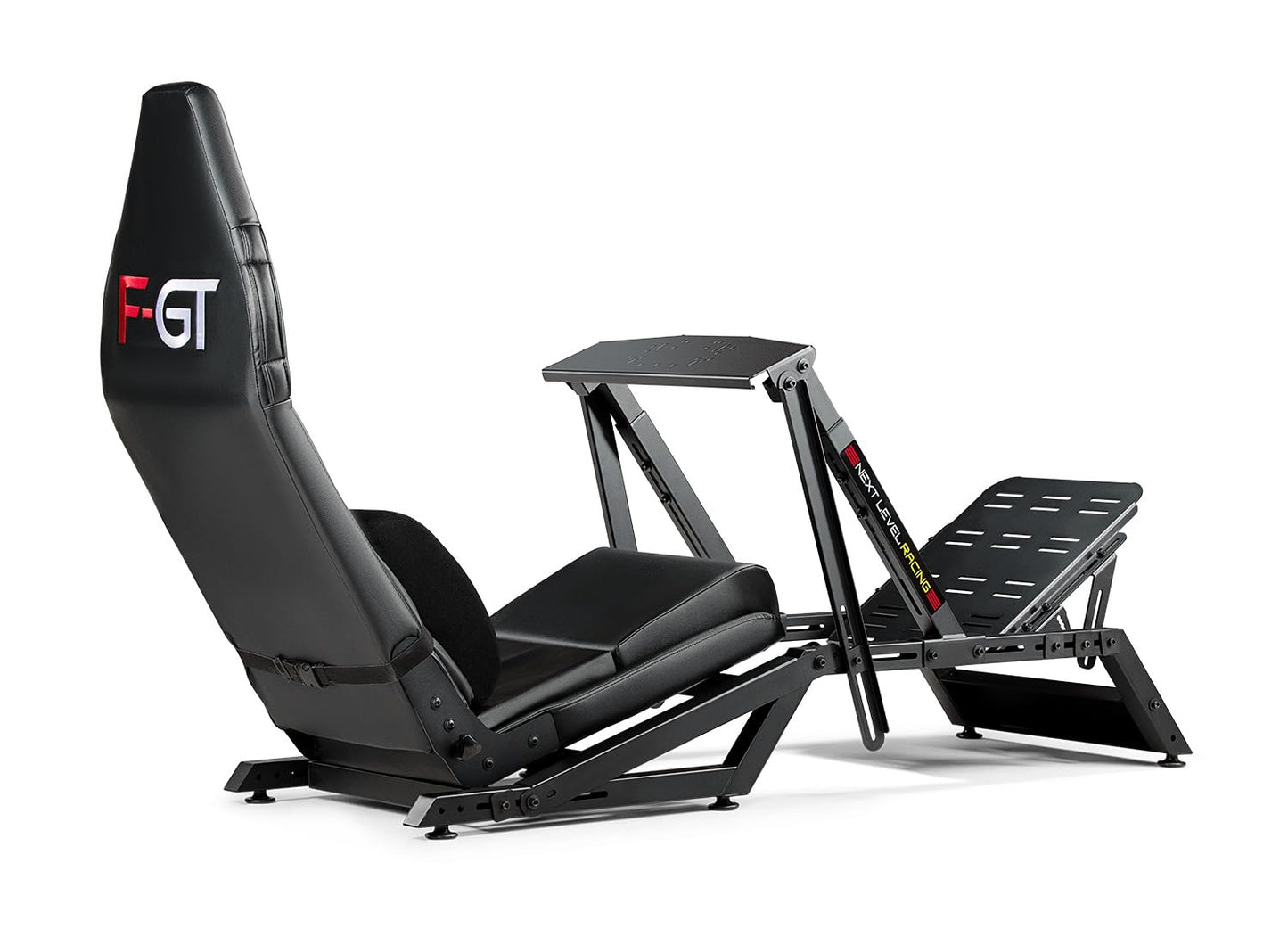 Next Level Racing F-GT Racing Simulator Cockpit. Formula and GT racing simulator cockpit compatible with Thrustmaster Fanatec Moza Racing on PC Xbox and PS