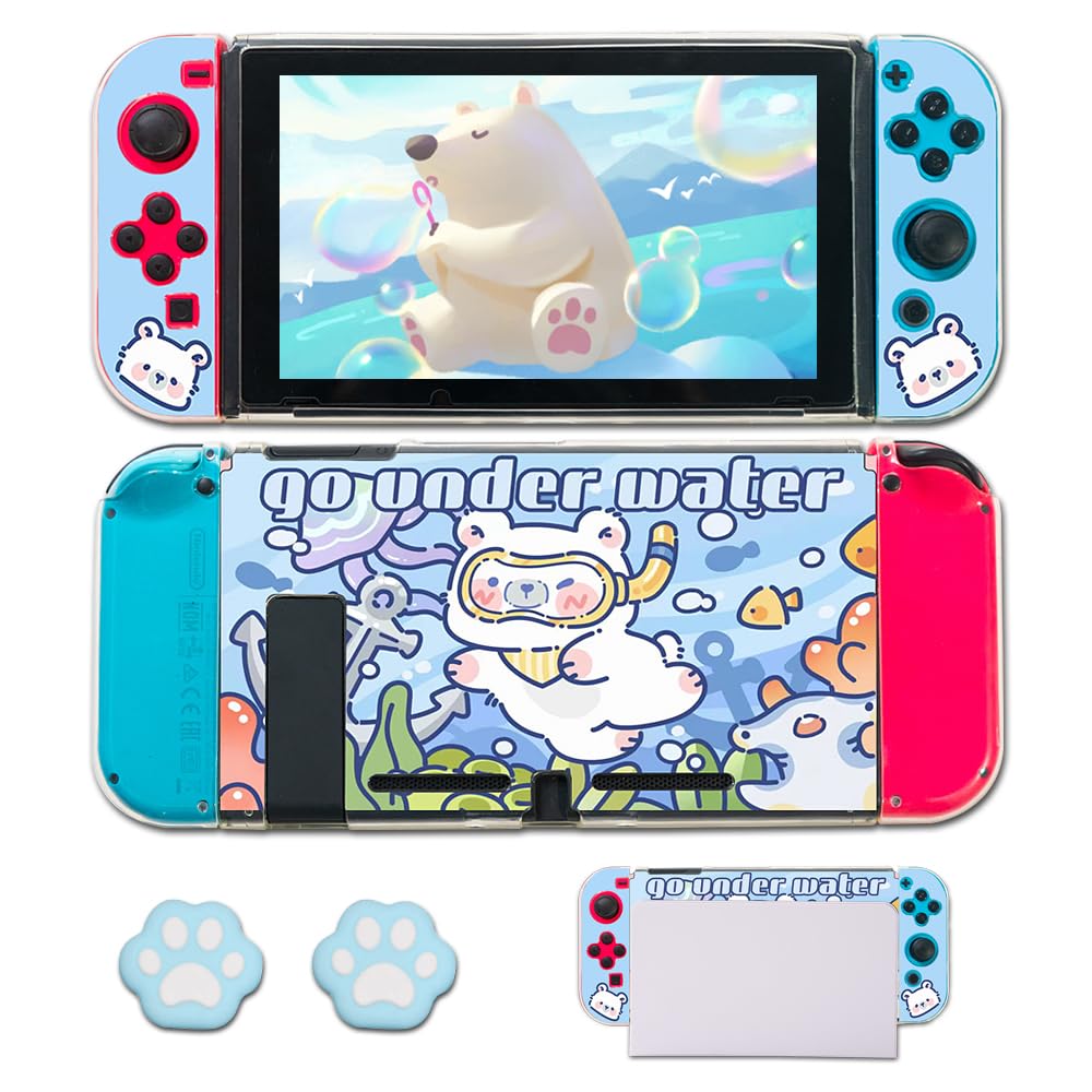 PERFECTSIGHT Polar Bear Switch Protective Case with 2 Thumb Grips Caps Cute Switch Joycon TPU Cases for Girls Kids Kawaii Shell Compatible with Nintendo Switch Controller Cover