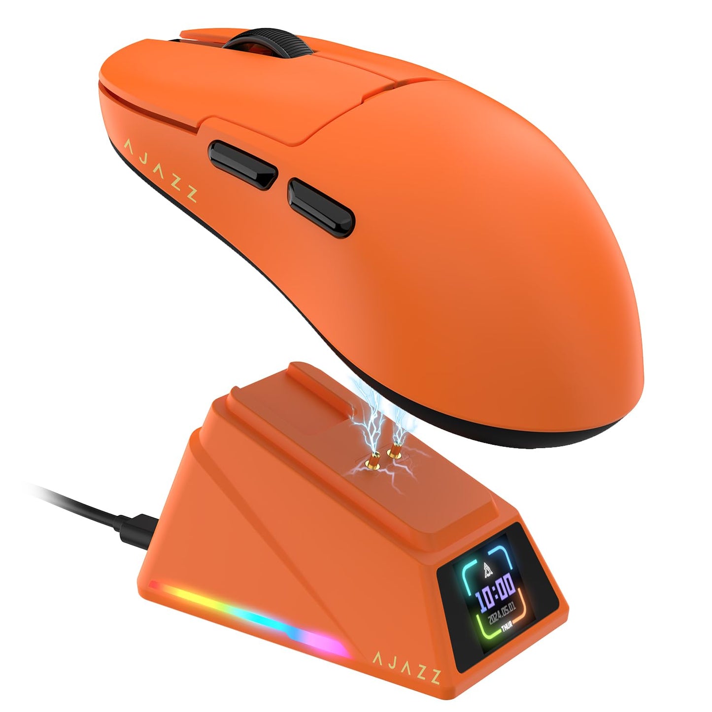 Yindiao AJAZZ AJ159 APEX Wireless Gaming Mouse with Magnetic Charging Base 56g Lightweight BT/2.4G/USB-C Wired Mouse PAW3950APEX 42K DPI Optical Sensor Programmable Buttons for PC/Mac/Win(Orange)