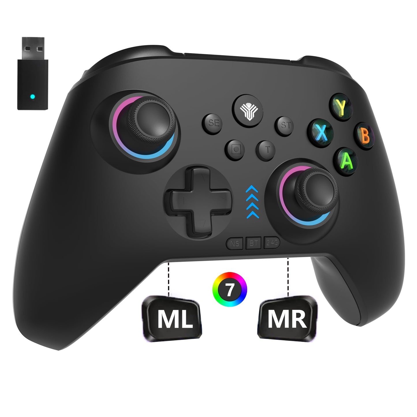 2.4G Wireless PC/Switch Controller with RGB Lighting/Programming Keys/Hall Joysticks/Hall Triggers/Vibrations Three-Mode Switch Controller Plug and Play Work for Windows PC Android Switch Steam TV