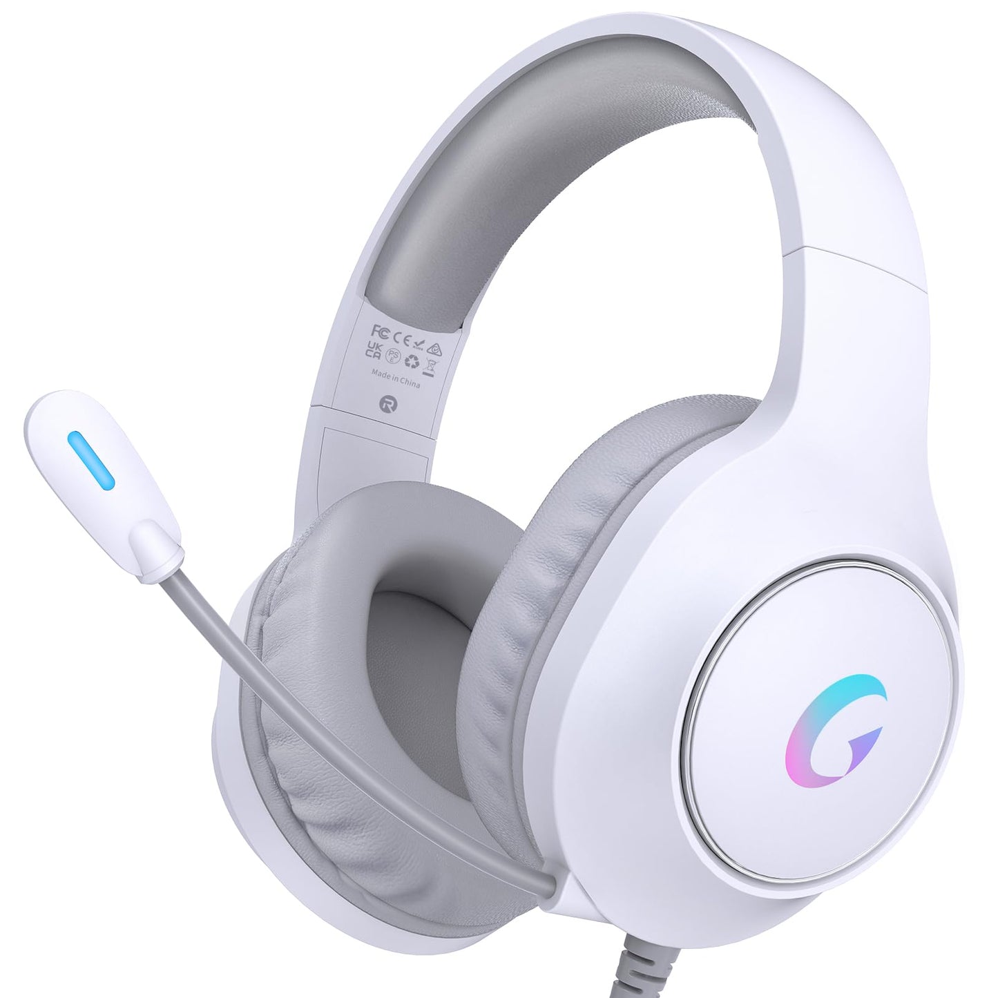 syndesmos CM7002 Gaming Headset for PS5 PS4 PC Mac Switch Xbox Series Surround Sound RGB Gaming Headphones with Noise Canceling Microphone 50MM Dynamic Drivers 3.5MM Audio Jack Light White