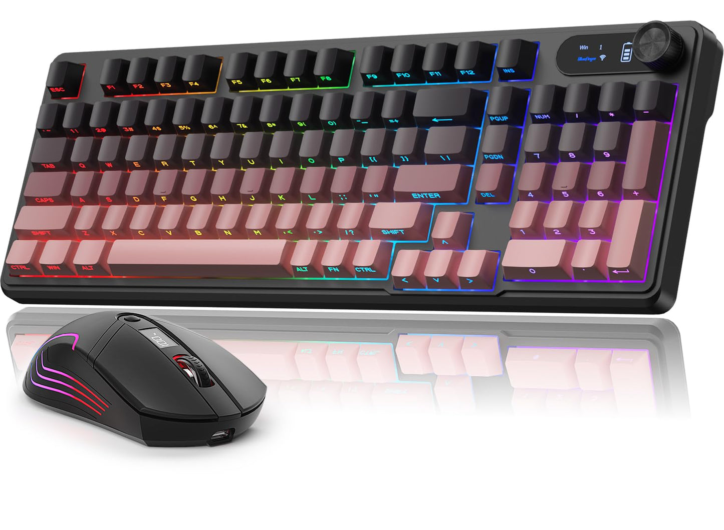 BlueFinger Wireless Gaming Keyboard and Mouse Combo RGB Backlit Tri-Mode Bluetooth/2.4G/USB-C Wired 98 Keys Quiet Keyboard with Number Pad Volume Knob & Screen 4800 DPI Mouse for PC/Mac/Laptop
