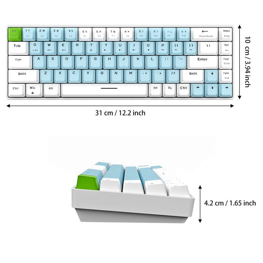 Qisan 60% Mechanical Gaming Keyboard - Dual Mode 2.4G/BT, Blue Switch, Blue & White Combo, 68 Keys, US Layout