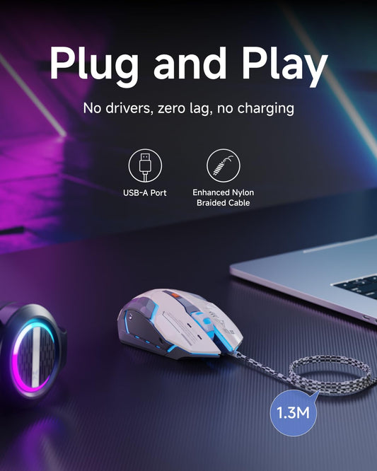 SEUNKWANG G10 Wired Gaming Mouse with RGB Backlit, 3200 DPI, Ergonomic Design, Gray-White, 6 Buttons, USB for PC/Laptop