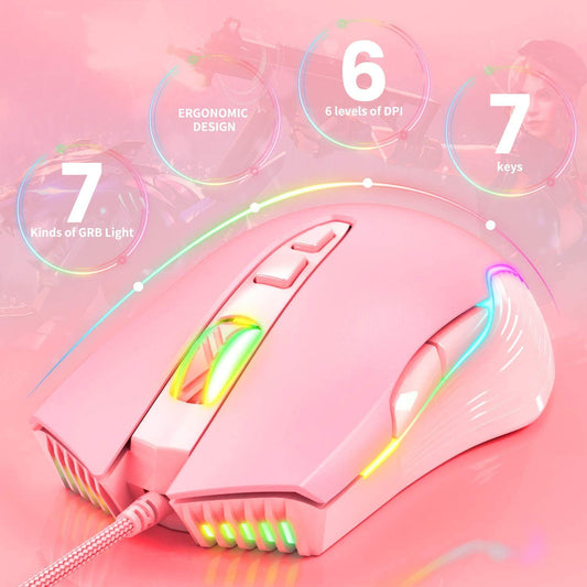 SIMGAL RGB Gaming Mouse - Wired USB Optical Mice, 6400 DPI, Ergonomic, 7 Programmable Buttons, Pink