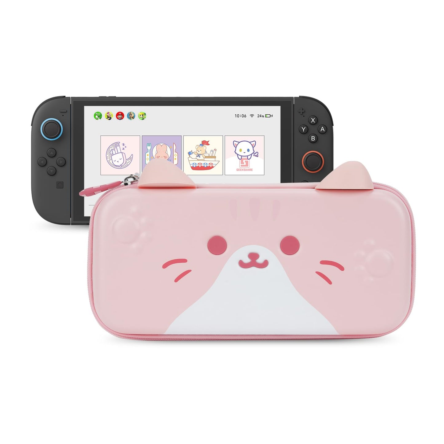 GeekShare Carrying Case Compatible with Switch 2 (2025) 7.9 Inch Hard-Shell Slim Travel Case with 10 Game Card Slots for Switch 2 Console and Accessories Cat Ear (Pink)