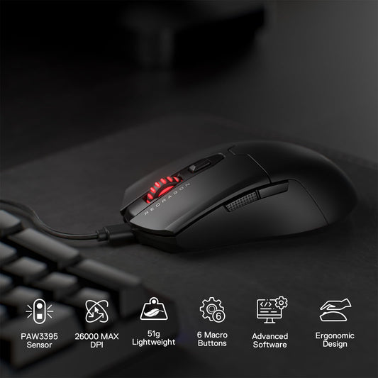 Redragon M995 Wired Gaming Mouse, 26000 DPI, 6 Programmable Buttons, 5 Backlit Modes, Ultra Lightweight, Black