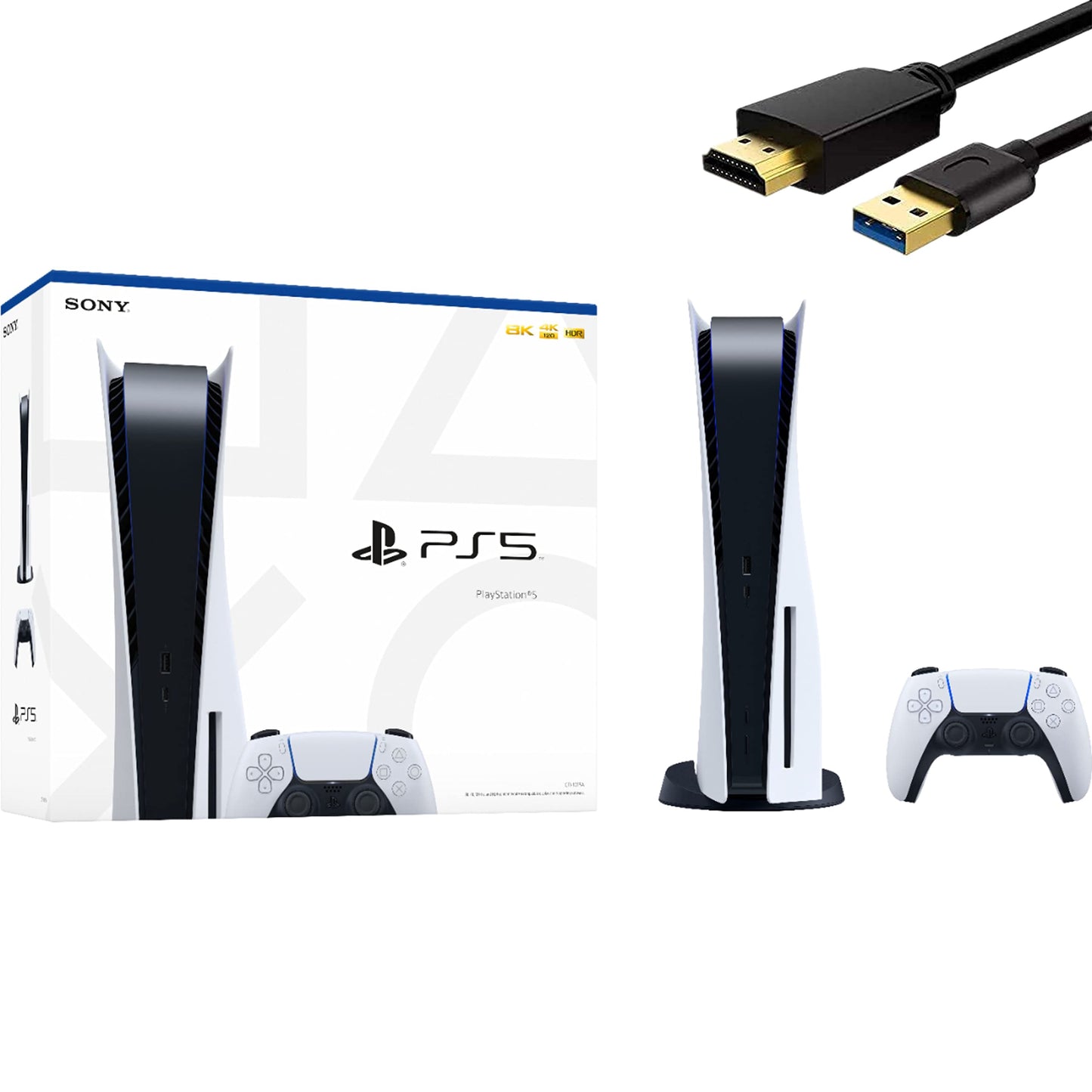 PlayStation 5 Disc Edition 825GB Gaming Console + 1 Wireless Controller for PS5 8-Core x86-64-AMD Ryzen Zen 2 CPU 16GB GDDR6 Up to 120FPS Michooyel HDMI_Cable (Renewed)