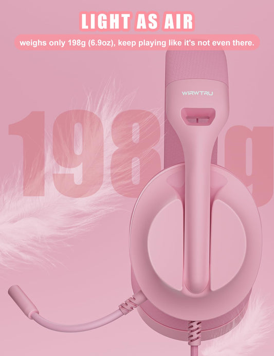 WIRWTRU S30 Gaming Headset - Wired, Lightweight, Noise Cancelling Mic, Soft Earmuffs, Pink, Compatible with Xbox, PS5, PC