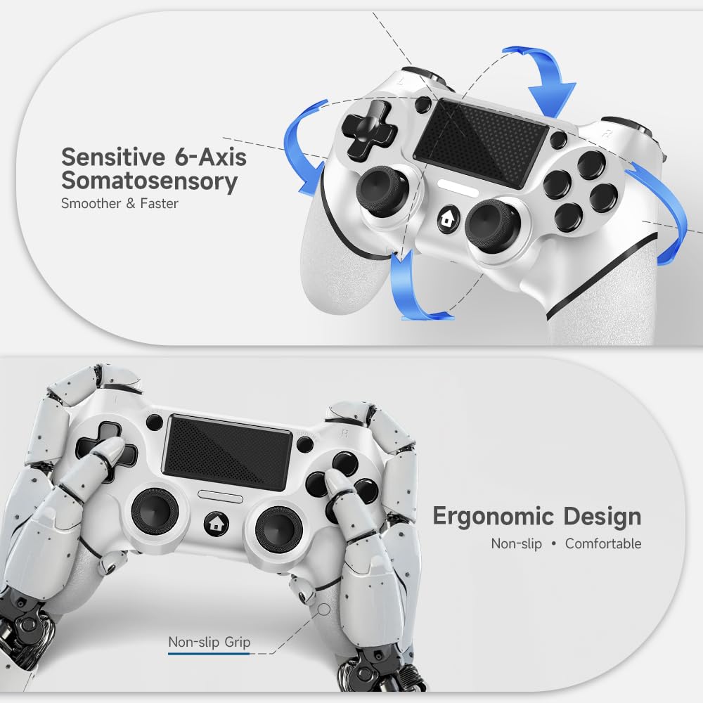 AceGamer Wireless PS4 Controllers - Non-Slip Grip, 2 USB-C Cables, White (2 Pack)