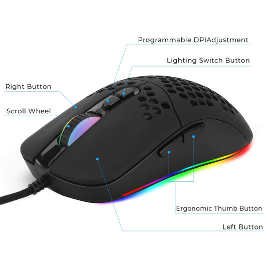 HXMJ Wired USB C Gaming Mouse, 7200 DPI, 5 RGB Lights, Lightweight Honeycomb Shell, Black, Model M02