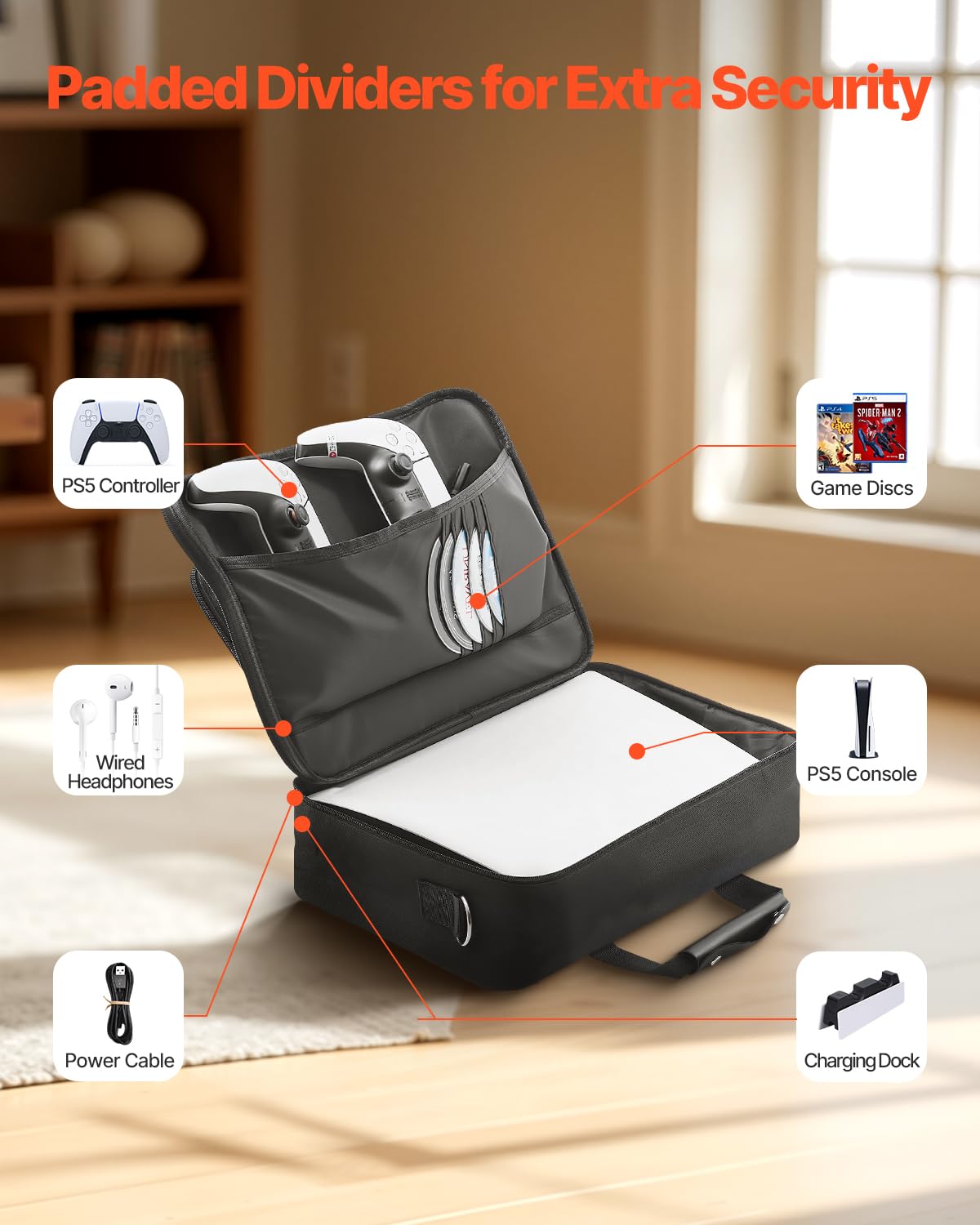 VEVOR PS5 Carrying Case - Waterproof Nylon Travel Bag for PS5 & PS5 Slim, Spacious Design, Soft Lining, Black