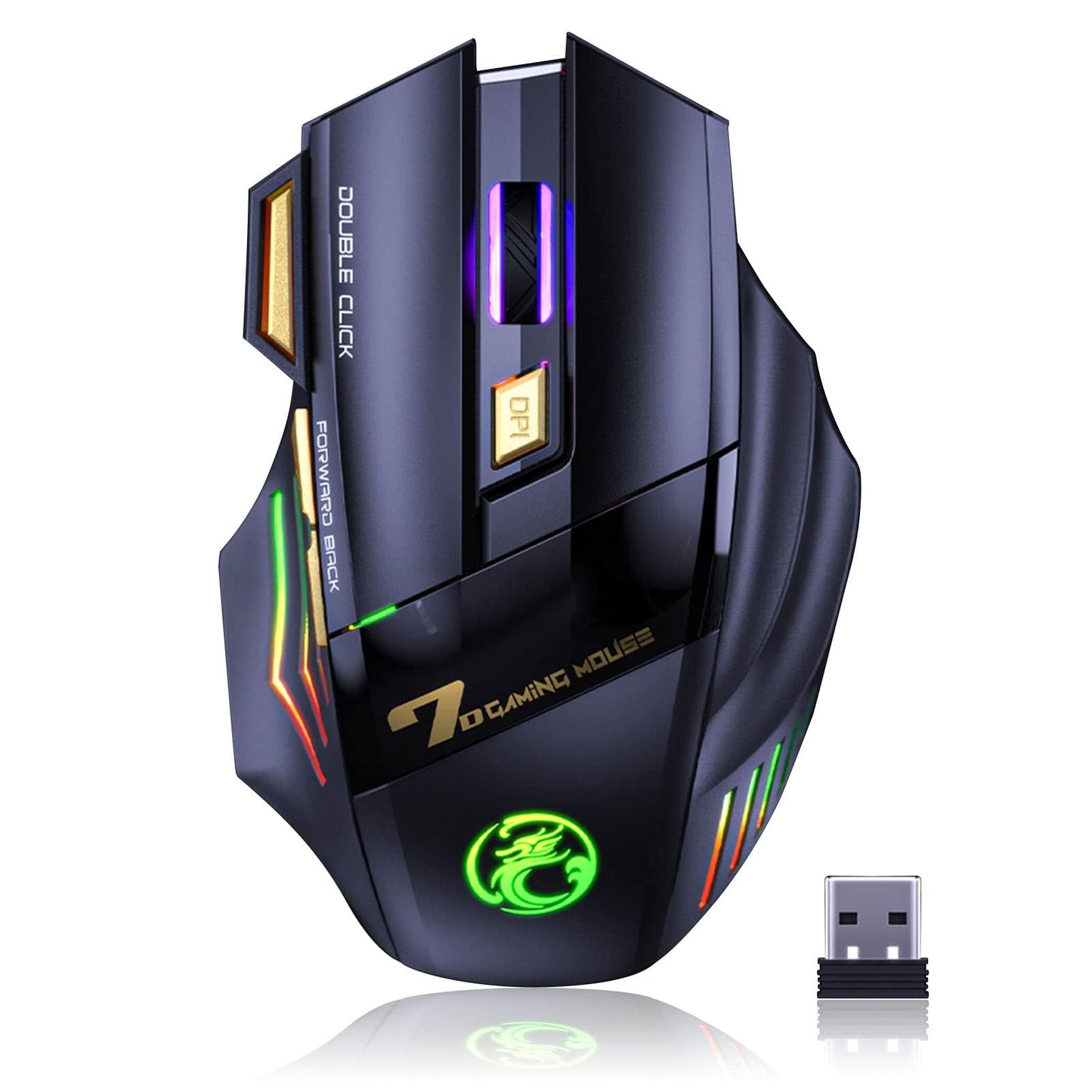 VEGCOO Wireless Gaming Mouse Rechargeable Silent Wireless Mouse with 4800 DPI Adjustable Double Click Key Colorful RGB Lights Computer Mice with Thumb Rest for PC/Mac Gamer (C26 Black)