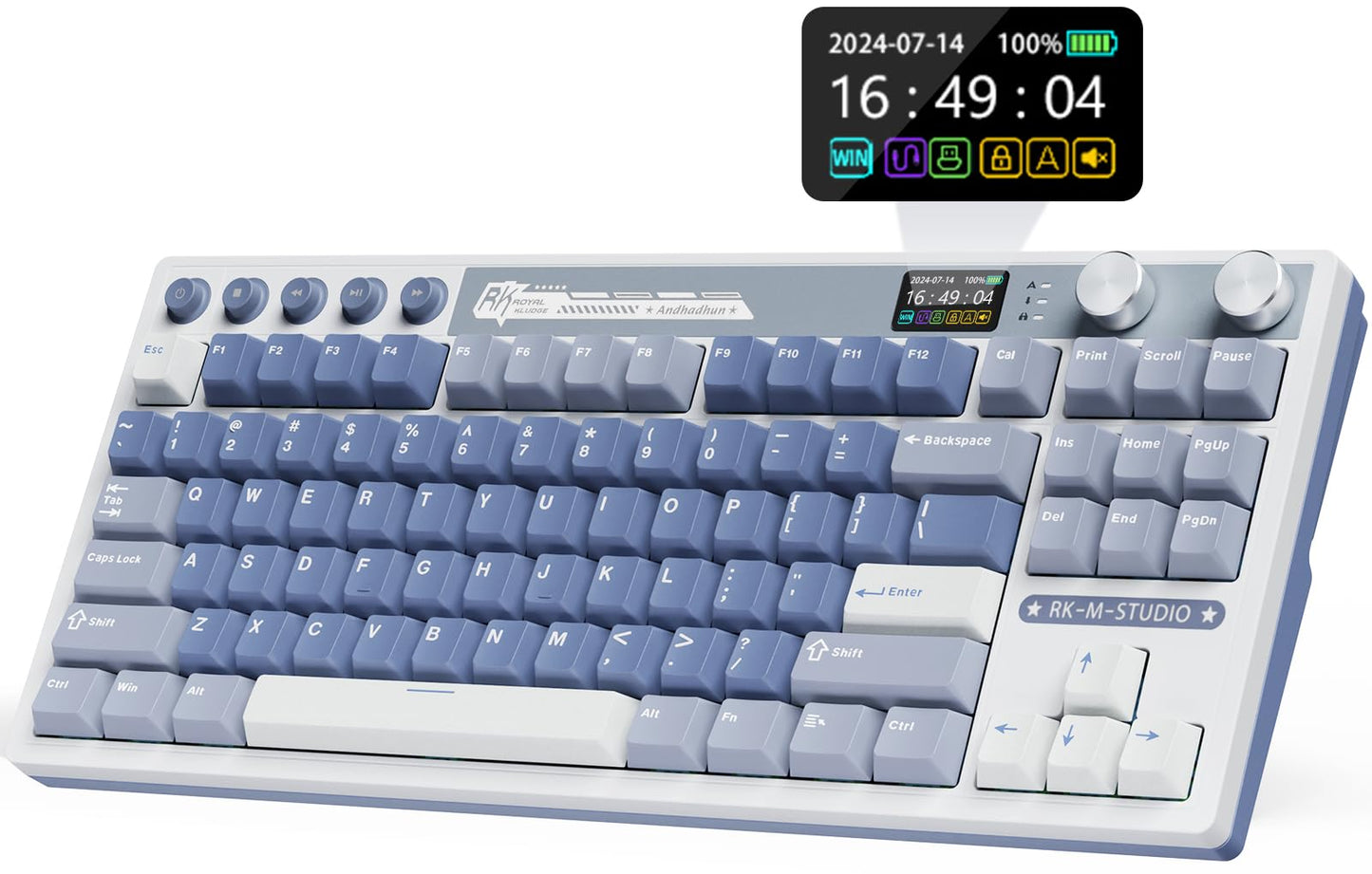 RK ROYAL KLUDGE M87 Wireless Gaming Keyboard with Screen and Dual Knob 75% Percent 2.4Ghz/Bluetooth/USB-C Mechanical Keyboard with Gasket Structure RGB Backlit Hot Swappable Cream Switch Blue