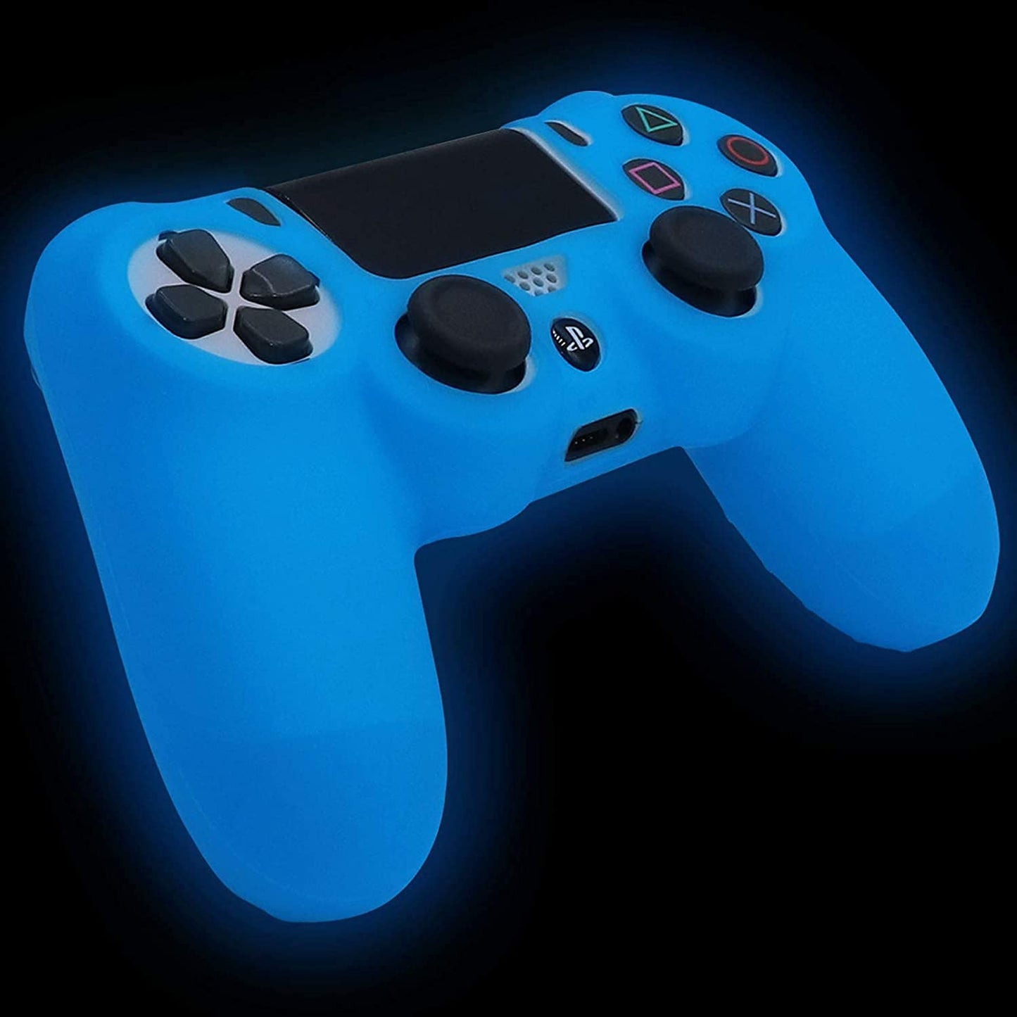 HLRAO PS4 Controller Skin - Glow Blue Silicone Grip Case with 8 Glow in Dark Thumb Grips + 2 Cat Paw Caps - Model SM-944
