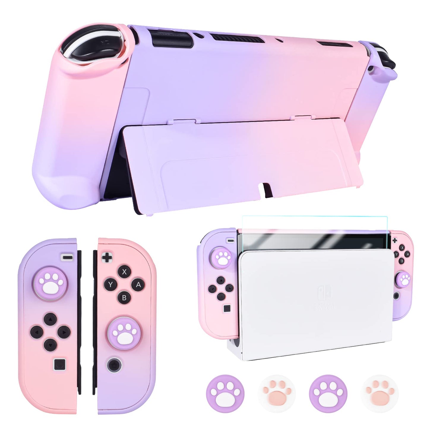 DLseego Protective Case Design for Nintendo Switch OLED Joy-Con Controllers New Model 2021 with Glass Screen Protector and 4 Cute Thumb Grip Caps Anti-Scratch Touch Grip Cover - Pink & Purple