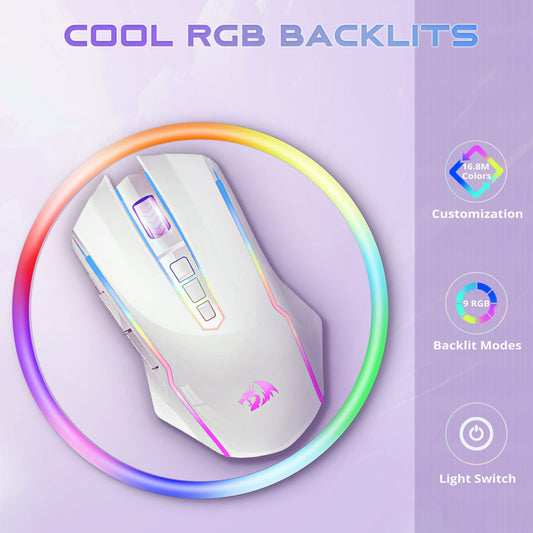 Redragon M910-WS Wireless Gaming Mouse, RGB Backlit, 8000 DPI, Rechargeable, White