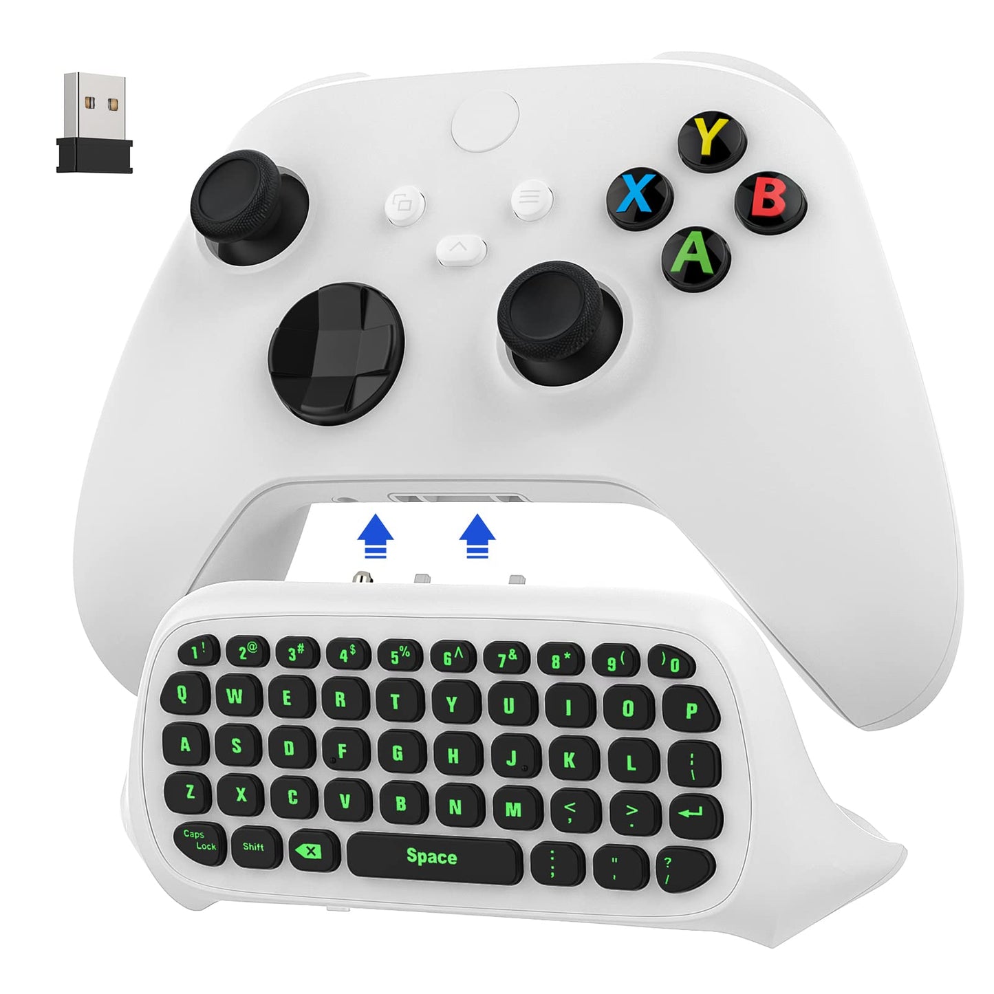 MoKo Green Backlight Keyboard for Xbox One Controller Xbox Series X/S Wireless Gaming Chatpad Keypad with USB Receiver&3.5mm Audio Jack Xbox Accessories for Xbox One/One S/Elite/2 Controller White