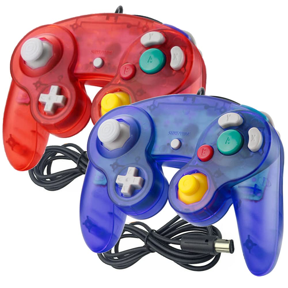 Reiso Gamecube Controller 2 Pack NGC Classic Wired Controller for Wii Game cube Console (Clear Red and Clear Blue)