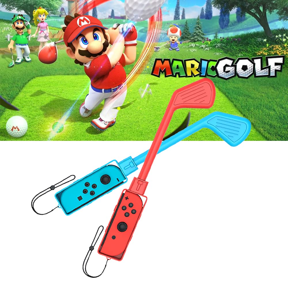 Uxilep Golf Club for Mario Golf: Super Rush - for Nintendo Switch Joy-con Accessories Mini Golf Clubs Hand Grip Accessories with Wrist Strap for Joy Cons - 2 Pack (Red & Blue)