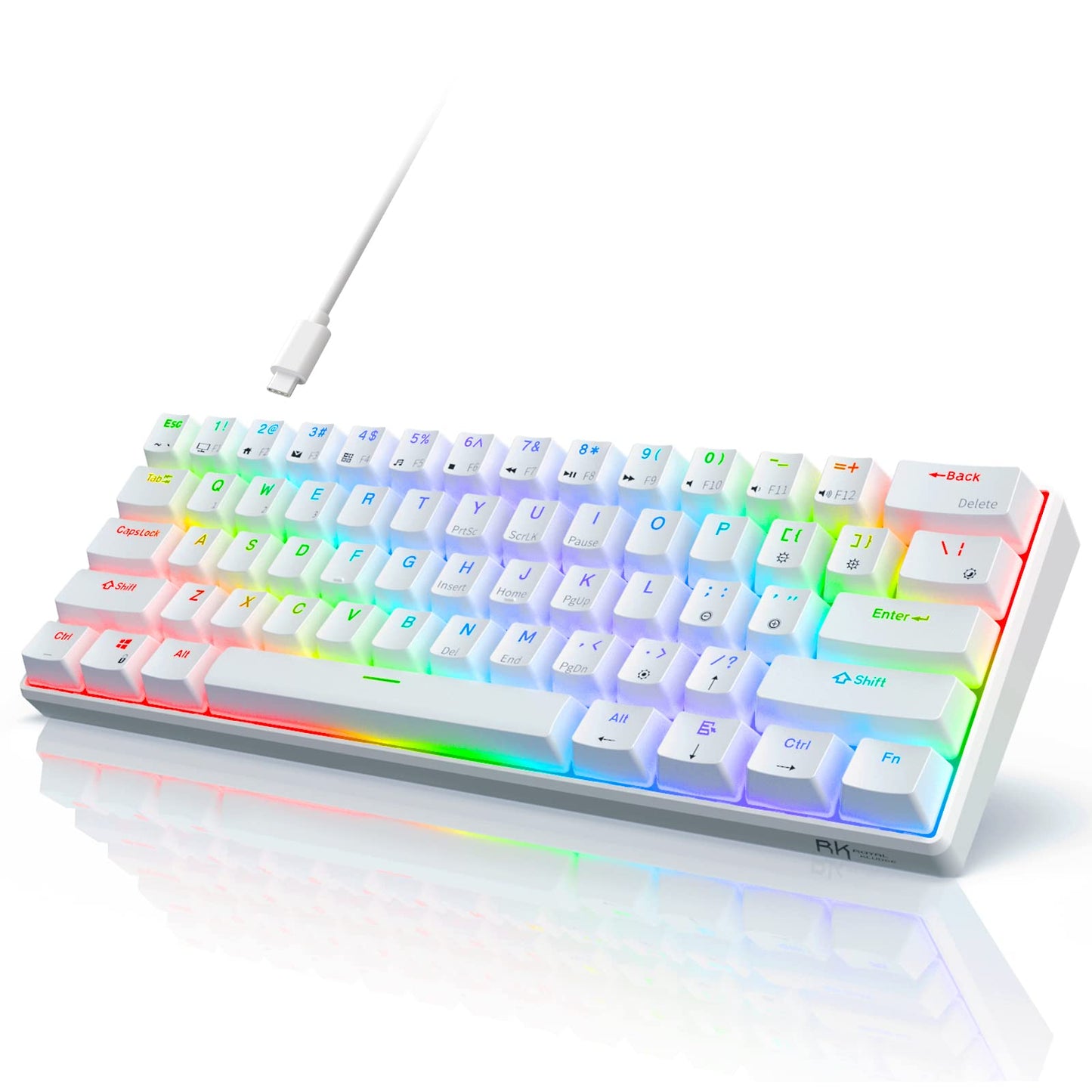 RK ROYAL KLUDGE RK61 Wired 60% Mechanical Gaming Keyboard RGB Backlit Ultra-Compact Hot-Swappable Brown Switch White